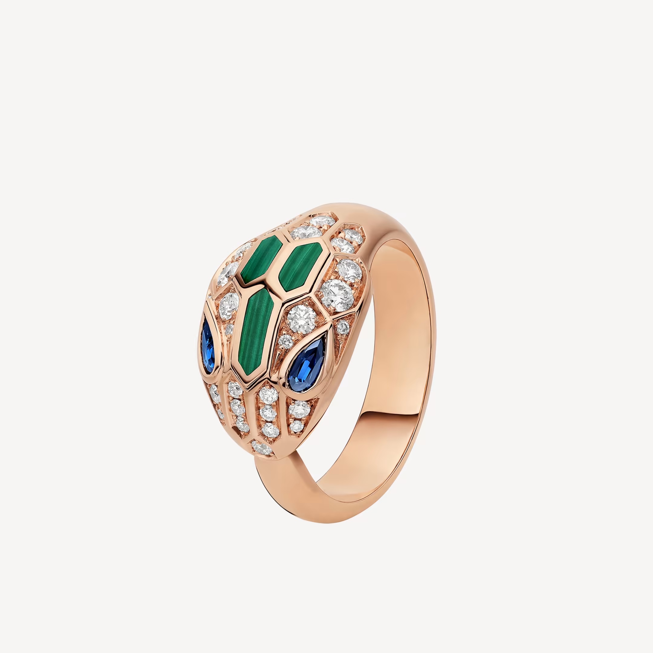 Serpenti Seduttori Ring aus Roségold mit Saphiren, Malachiten und Pavé Diamanten I © Bvlgari