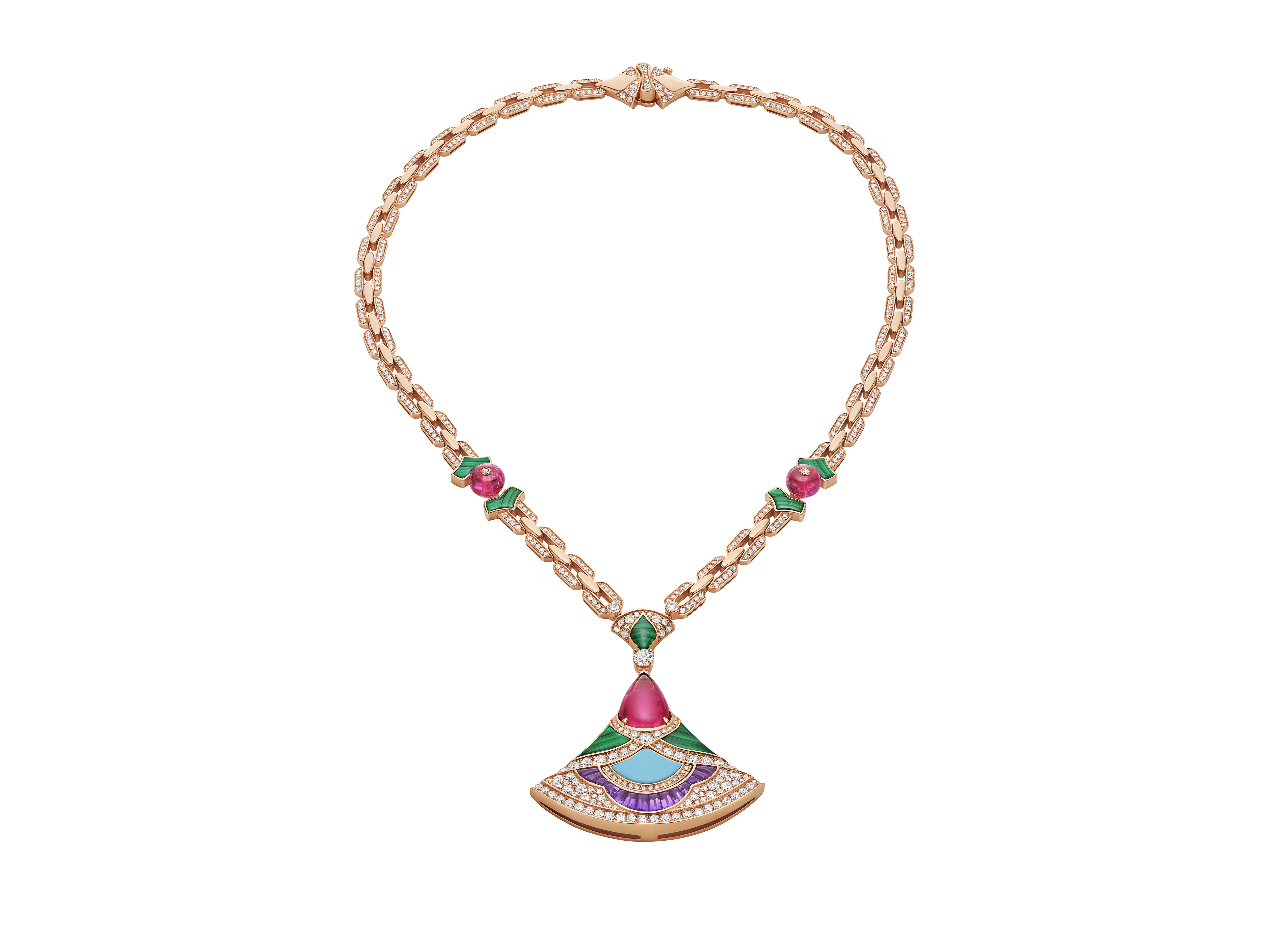 Divas’ Dream High Jewelry Collier mit Rubellit, Malachit, Türkis, Amethyst und Diamant-Pavé I © Bvlgari
